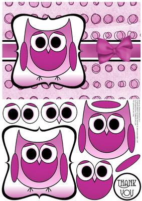 Cute Owl Thank You Decoupage Card Front - Pink