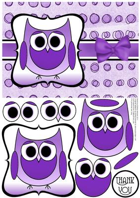 Cute Owl Thank You Decoupage Card Front - Purple