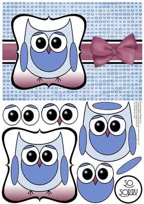 Cute Owl Sorry Decoupage Card Front - Blue & Plum
