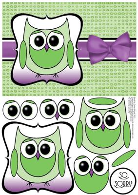Cute Owl Sorry Decoupage Card Front - Green & Purple