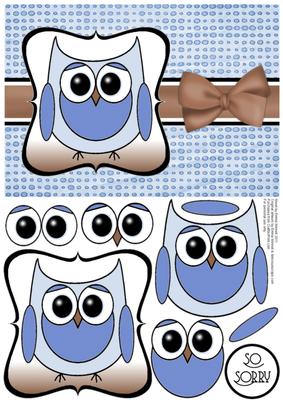 Cute Owl Sorry Decoupage Card Front - Brown & Blue