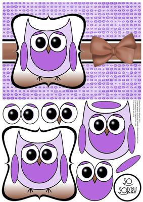 Cute Owl Sorry Decoupage Card Front - Brown & Purple