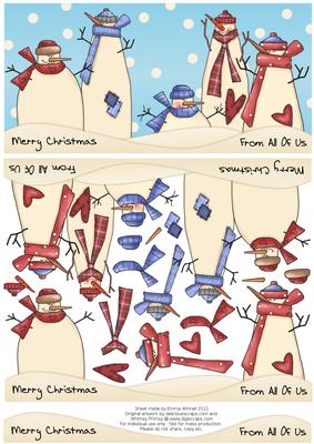 Snowman Family Decoupage Dl Card - Red & Blue
