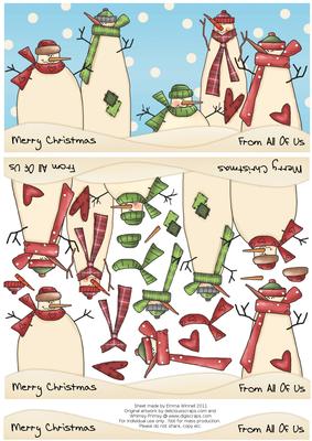 Snowman Family Decoupage Dl Card - Red & Green