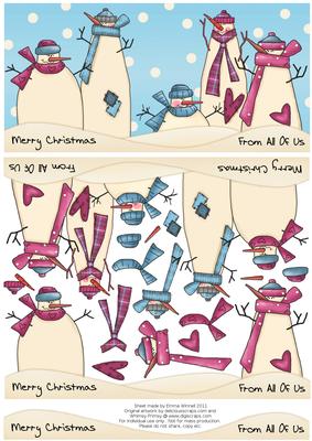 Snowman Family Decoupage Dl Card - Teal & Pink
