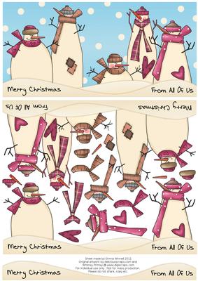 Snowman Family Decoupage Dl Card - Pink & Brown