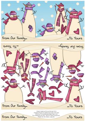 Snowman Family Decoupage Dl Card 2 - Pink & Purple
