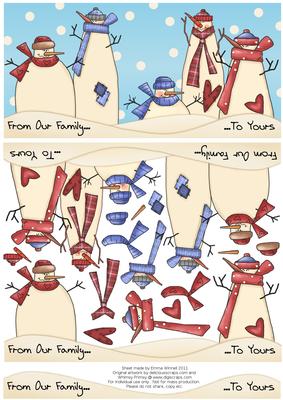Snowman Family Decoupage Dl Card 2 - Red & Blue