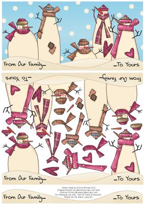 Snowman Family Decoupage Dl Card 2 - Pink & Brown