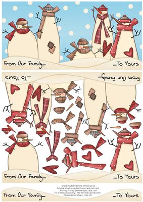 Snowman Family Decoupage Dl Card 2 - Red & Brown