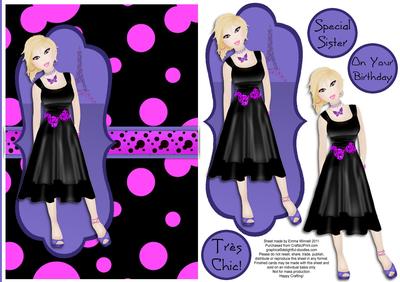Tres Chic Little Black Dress Decoupage Card - Mauve & Blue