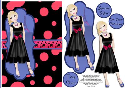 Tres Chic Little Black Dress Decoupage Card - Cerise & Blue