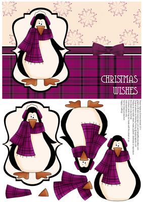 Prim Penguin Decoupage Card Front - Pink