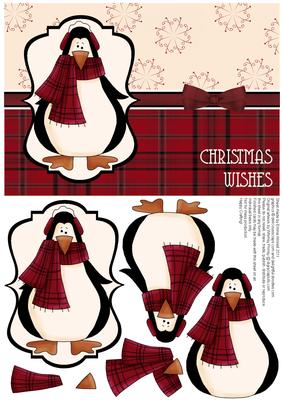 Prim Penguin Decoupage Card Front - Red