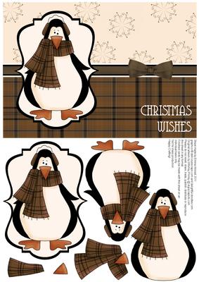 Prim Penguin Decoupage Card Front - Brown