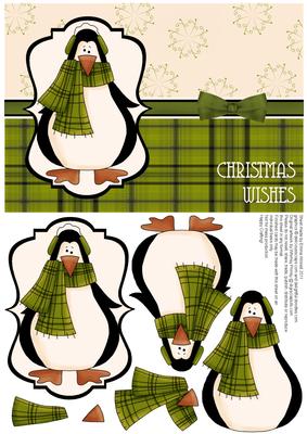 Prim Penguin Decoupage Card Front - Olive Green