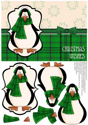 Prim Penguin Decoupage Card Front - Green