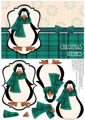 Prim Penguin Decoupage Card Front - Teal