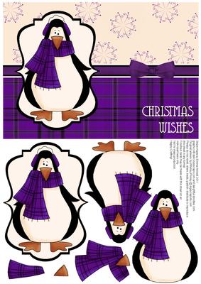 Prim Penguin Decoupage Card Front - Purple