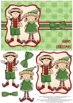 Elves Happy Christmas Decoupage Card - Red & Green