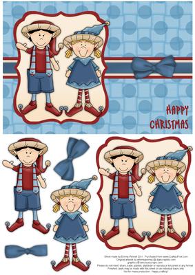 Elves Happy Christmas Decoupage Card - Red & Blue