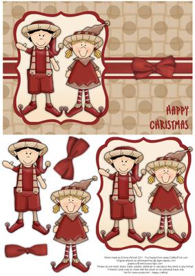 Elves Happy Christmas Decoupage Card - Red & Beige