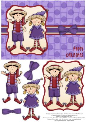 Elves Happy Christmas Decoupage Card - Red & Violet