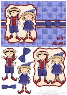 Elves Happy Christmas Decoupage Card - Red & Indigo