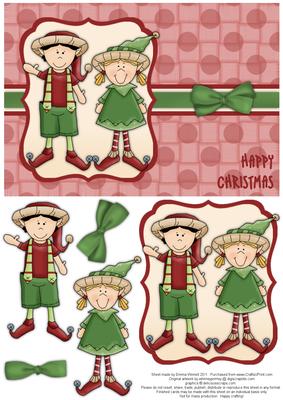 Elves Happy Christmas Decoupage Card - Red & Green 2