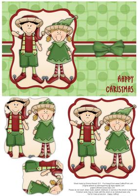 Elves Happy Christmas Pyramage Card - Red & Green