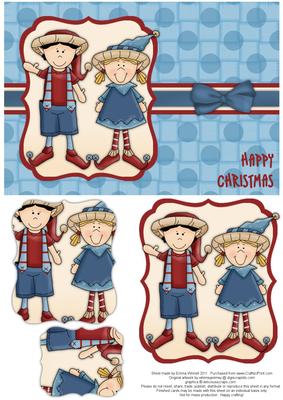Elves Happy Christmas Pyramage Card - Red & Blue