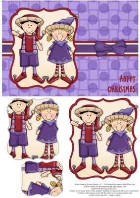 Elves Happy Christmas Pyramage Card - Red & Violet