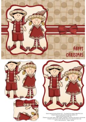 Elves Happy Christmas Pyramage Card - Red & Beige