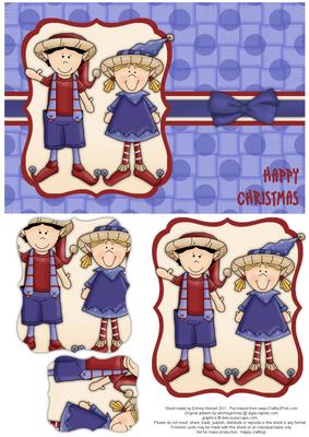 Elves Happy Christmas Pyramage Card - Red & Indigo