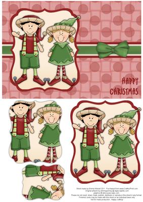 Elves Happy Christmas Pyramage Card - Red & Green 2