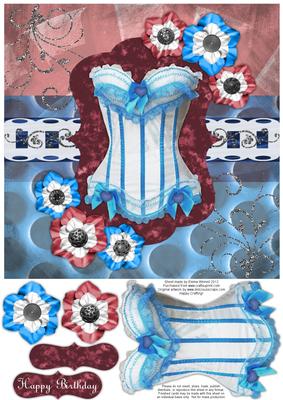 Frilly Corset 8x8 Decoupage Card - Sky Blue & Burgundy