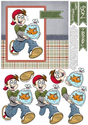 Goldfish Kid - 6x6 Decoupage Card - Khaki, Denim & Red