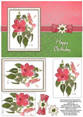 Hibiscus Watercolour Pyramage Card - Warm Pink & Grass Green