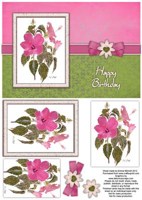 Hibiscus Watercolour Pyramage Card - Hot Pink & Olive Green