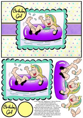 Inner Tube Girl - A5 Decoupage Card - Purple & Aqua