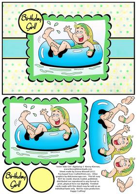 Inner Tube Girl - A5 Decoupage Card - Green & Cyan Blue
