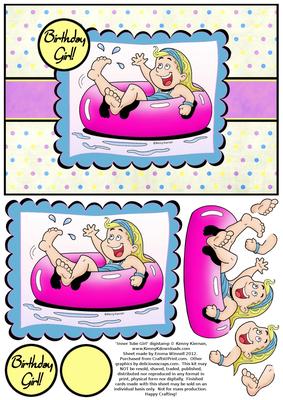 Inner Tube Girl - A5 Decoupage Card - Mauve, Pink & Blue