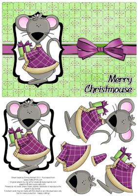 Merry Christmouse Decoupage Card - Purple & Green