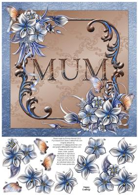 Winter Flowers 8x8 Decoupage Card - Mum - Blue and Brown
