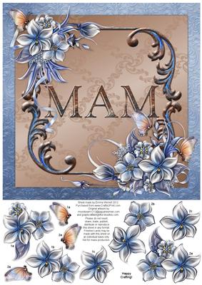 Winter Flowers 8x8 Decoupage Card - Mam - Blue and Brown