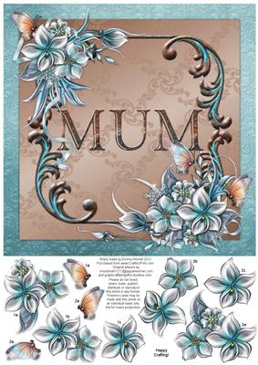 Winter Flowers 8x8 Decoupage Card - Mum - Aqua and Brown