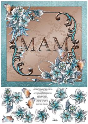 Winter Flowers 8x8 Decoupage Card - Mam - Aqua and Brown