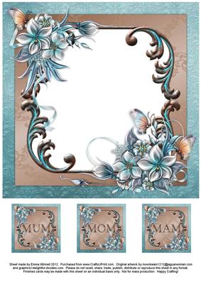 Winter Flowers 8x8 Insert & Tags - Mum/mom/mam -aqua & Brown