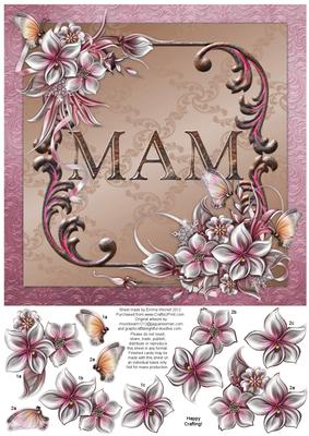 Winter Flowers 8x8 Decoupage Card - Mam - Pink and Brown