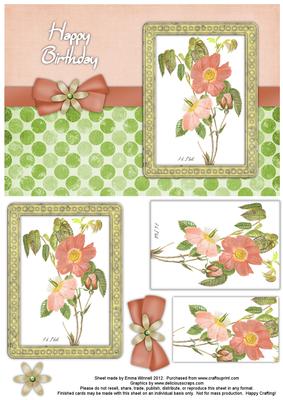 Dog Rose Watercolour Pyramage Card - Coral Pink & Pistachio